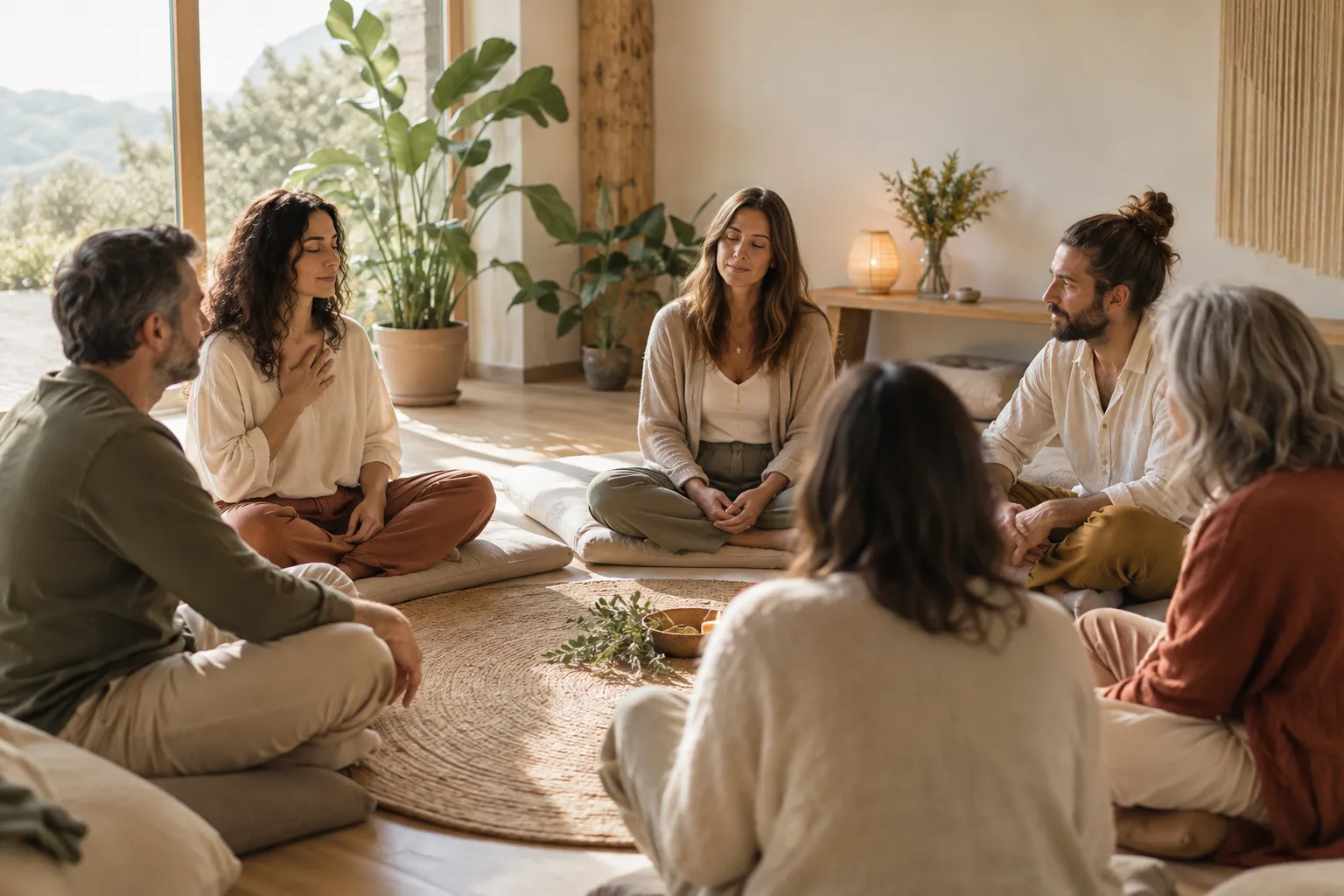 Grupo de personas sentadas en círculo sobre cojines en una sala luminosa, en un momento de presencia y conexión